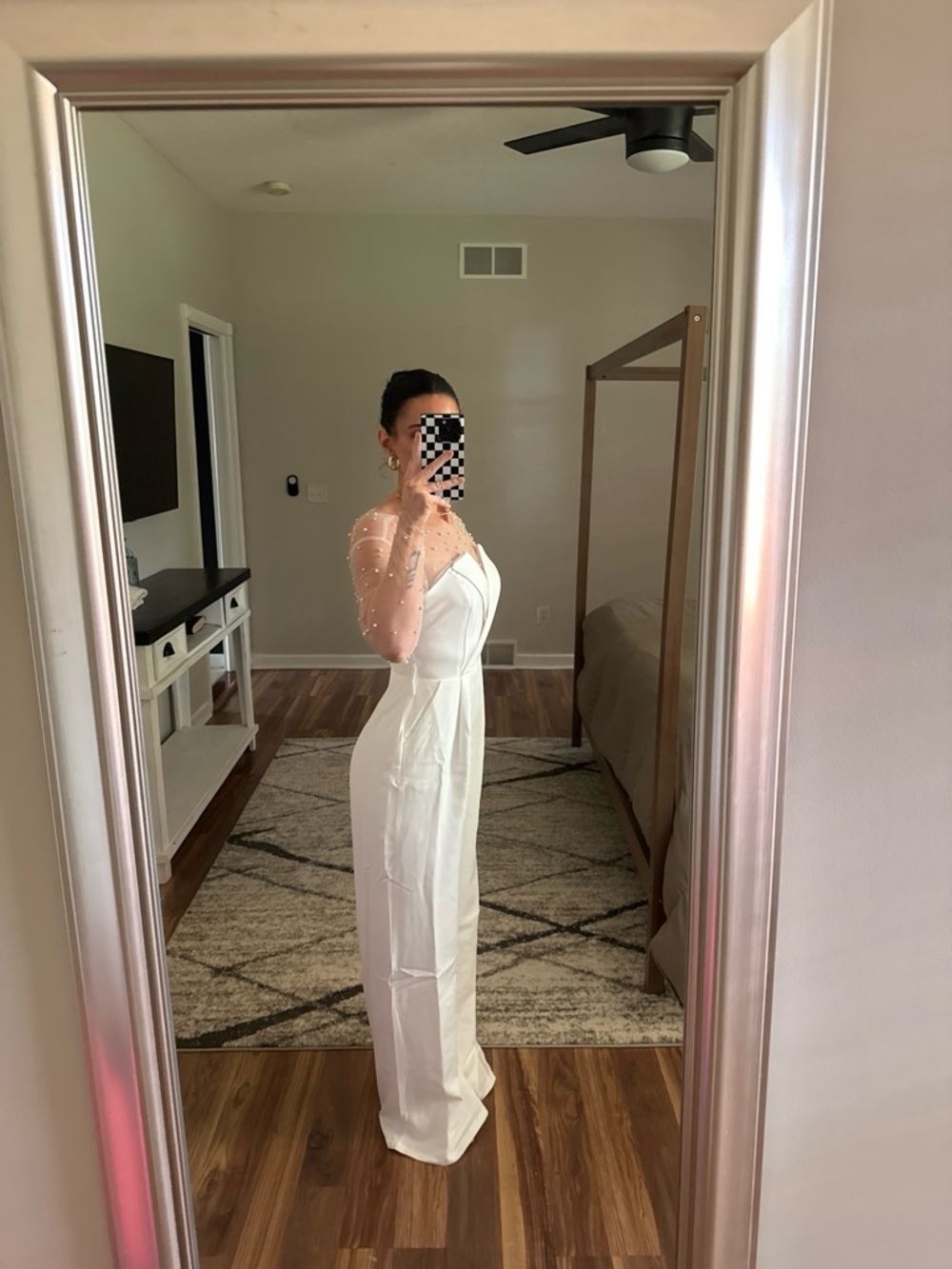 Pearl-Embellished White Wide-Leg Jumpsuit - Picture 3 of 5